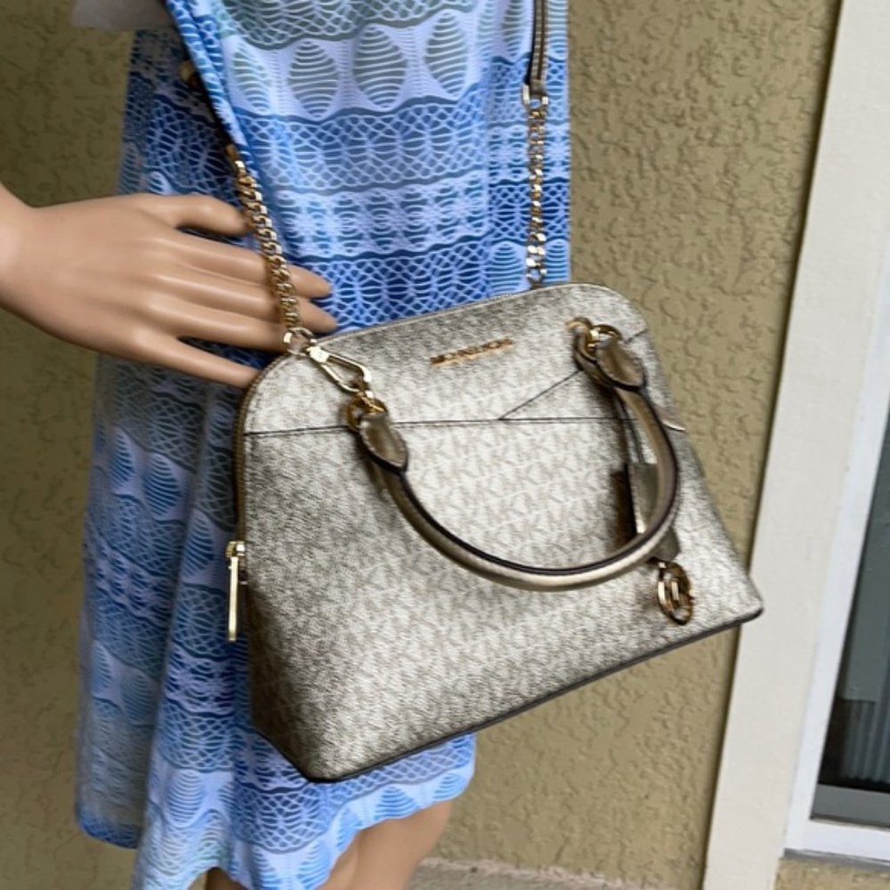 Michael Kors Jet Set Travel Medium Dome Crossbody Satchel Bag Pale Gold - Picture 13 of 16